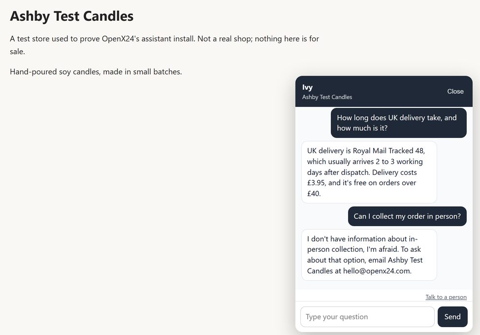 The Ashby Test Candles test store in a desktop browser, with its assistant Ivy open, giving UK delivery times and cost, then saying it has no information about collecting in person and giving the shop's email