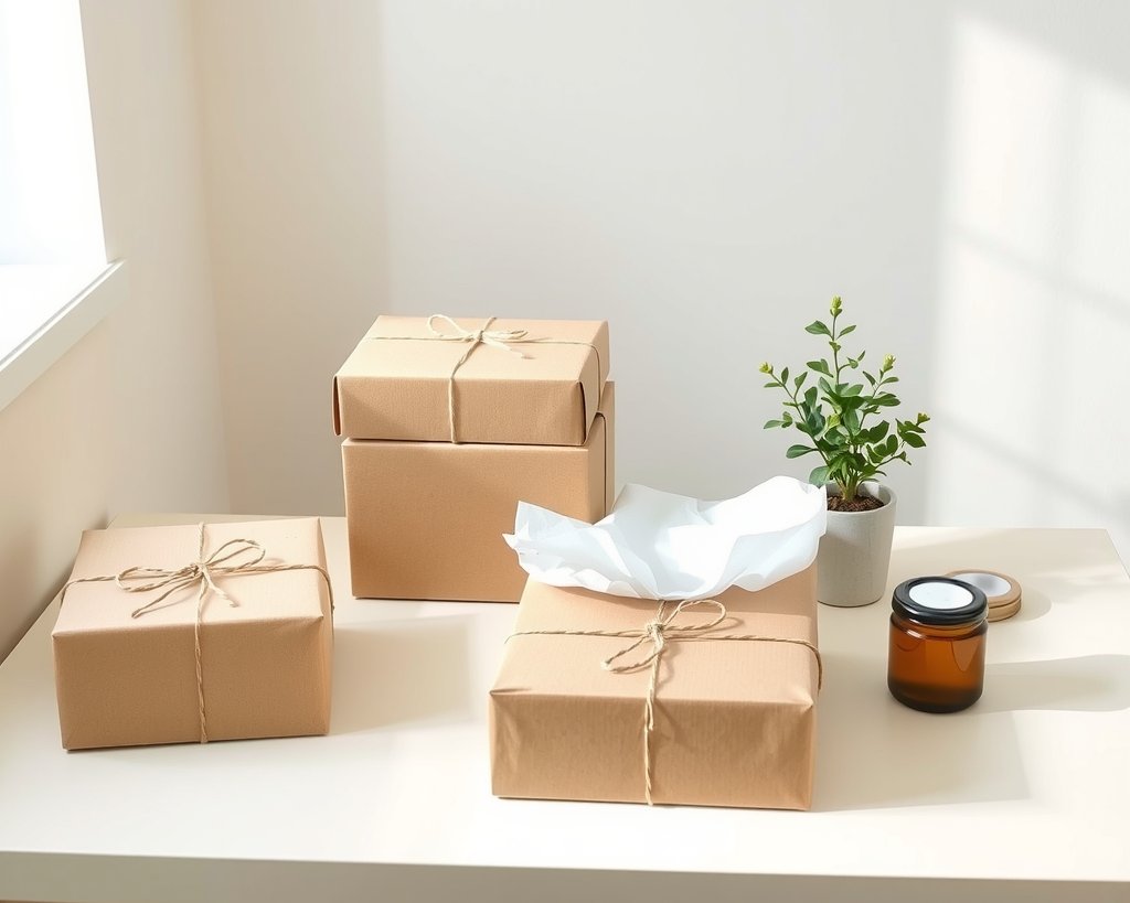 Three parcels tied with twine on a bright packing table, beside tissue paper, a candle and a small plant